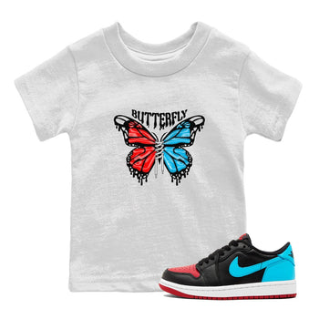 Air Jordan 1 UNC to Chicago Sneaker Match Tees Butterfly Sneaker Tees AJ1 UNC to Chicago Sneaker Release Tees Kids Shirts White 1
