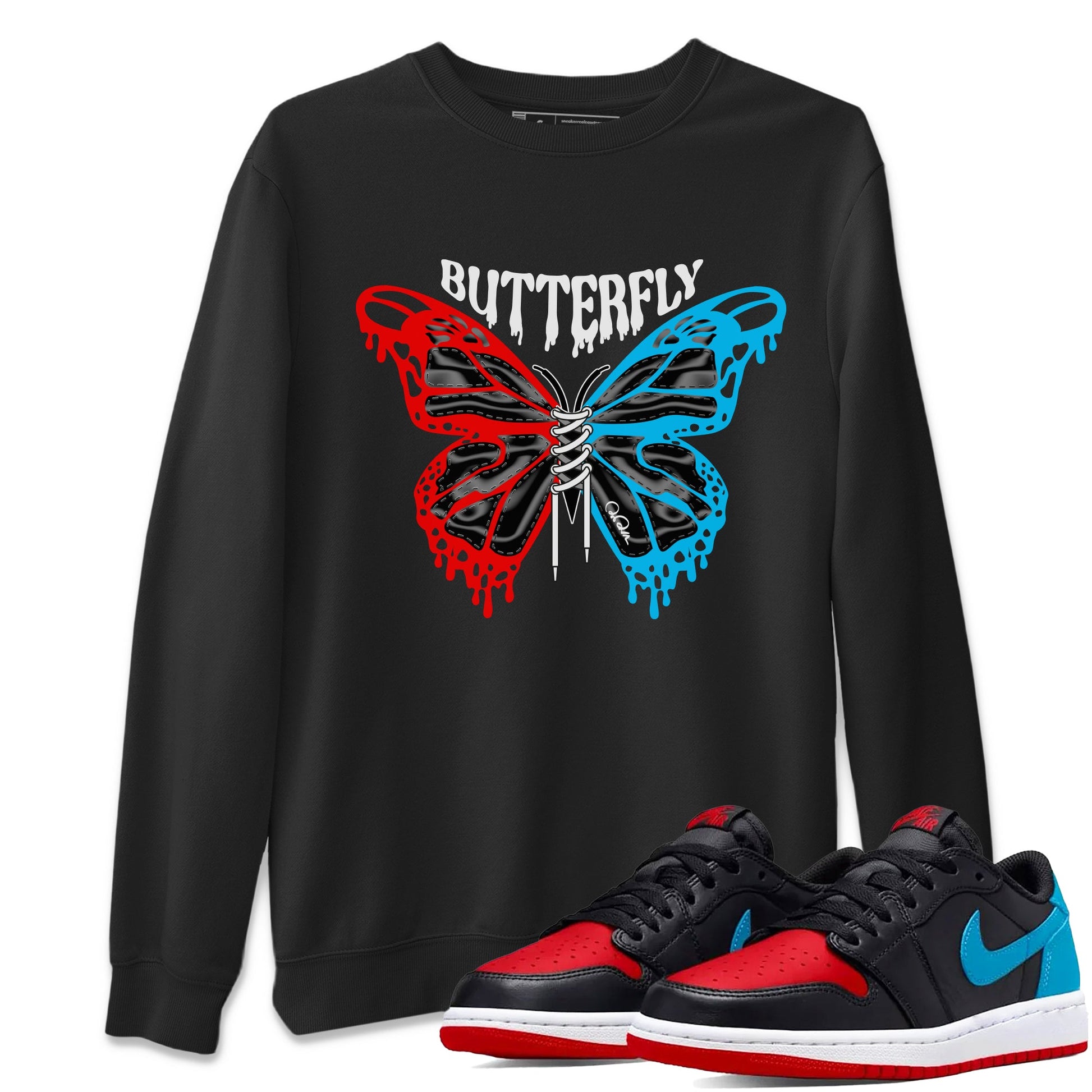 Air Jordan 1 UNC to Chicago Sneaker Match Tees Butterfly Sneaker Tees AJ1 UNC to Chicago Sneaker Release Tees Unisex Shirts Black 1