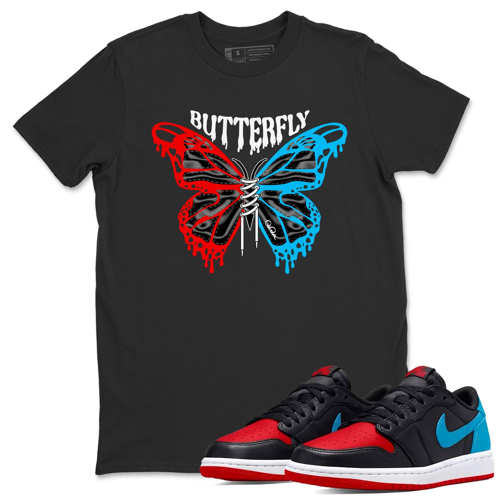 Air Jordan 1 UNC to Chicago Sneaker Match Tees Butterfly Sneaker Tees AJ1 UNC to Chicago Sneaker Release Tees Unisex Shirts Black 1