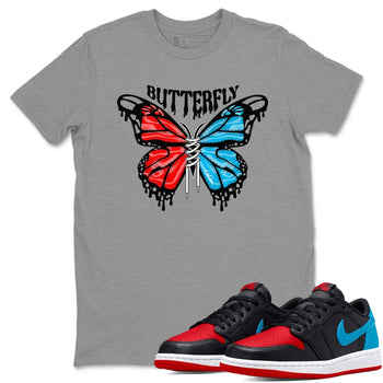 Air Jordan 1 UNC to Chicago Sneaker Match Tees Butterfly Sneaker Tees AJ1 UNC to Chicago Sneaker Release Tees Unisex Shirts Heather Grey 1