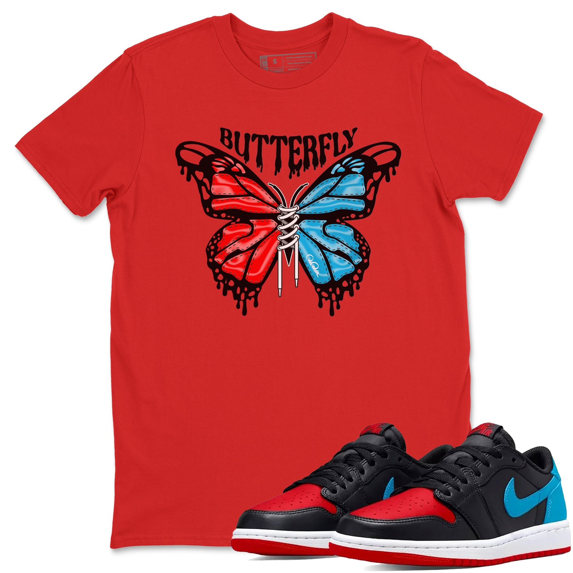 Air Jordan 1 UNC to Chicago Sneaker Match Tees Butterfly Sneaker Tees AJ1 UNC to Chicago Sneaker Release Tees Unisex Shirts Red 1