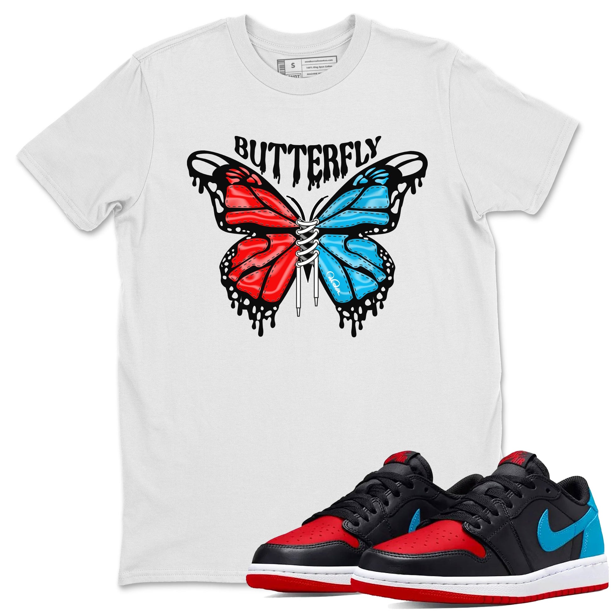 Air Jordan 1 UNC to Chicago Sneaker Match Tees Butterfly Sneaker Tees AJ1 UNC to Chicago Sneaker Release Tees Unisex Shirts White 1