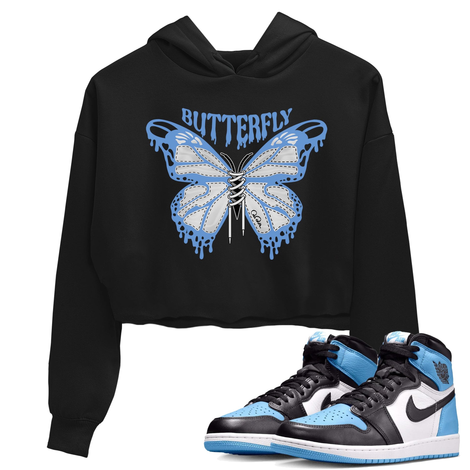 Air Jordan 1 Retro High OG UNC Toe Shirt to match Jordans Butterfly Sneaker Tees 1s UNC Toe SNRT Sneaker Release Tees Crop T-Shirts Black 1