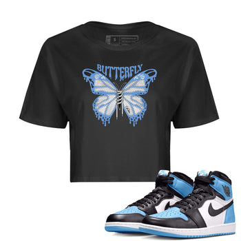 Air Jordan 1 Retro High OG UNC Toe Shirt to match Jordans Butterfly Sneaker Tees 1s UNC Toe SNRT Sneaker Release Tees Crop T-Shirts Black 1
