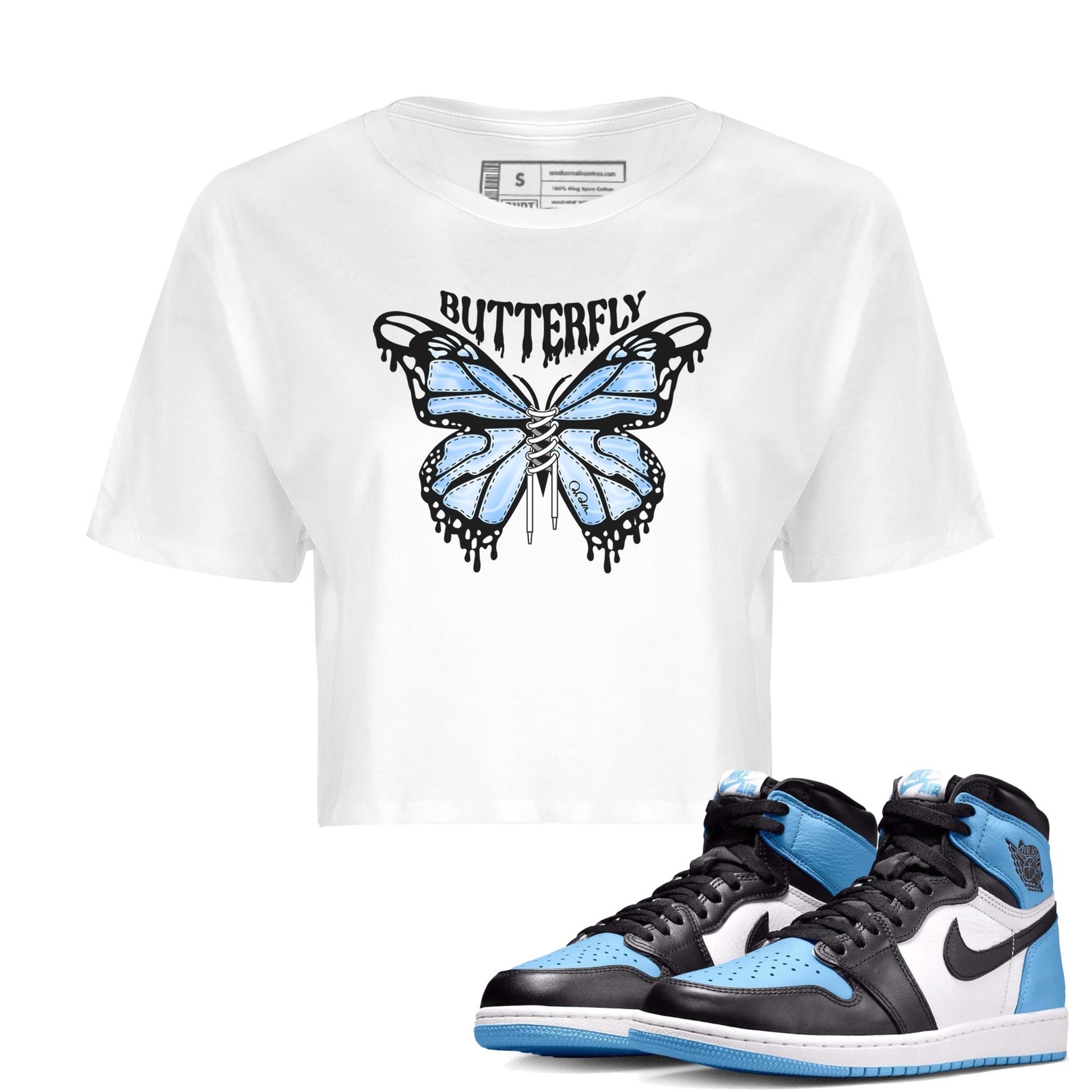Air Jordan 1 Retro High OG UNC Toe Shirt to match Jordans Butterfly Sneaker Tees 1s UNC Toe SNRT Sneaker Release Tees Crop T-Shirts White 1
