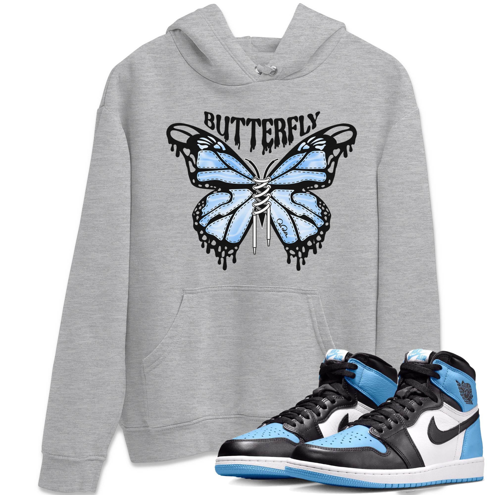 Air Jordan 1 Retro High OG UNC Toe Shirt to match Jordans Butterfly Sneaker Tees 1s UNC Toe SNRT Sneaker Release Tees Crew Neck T-Shirts Heather Grey 1