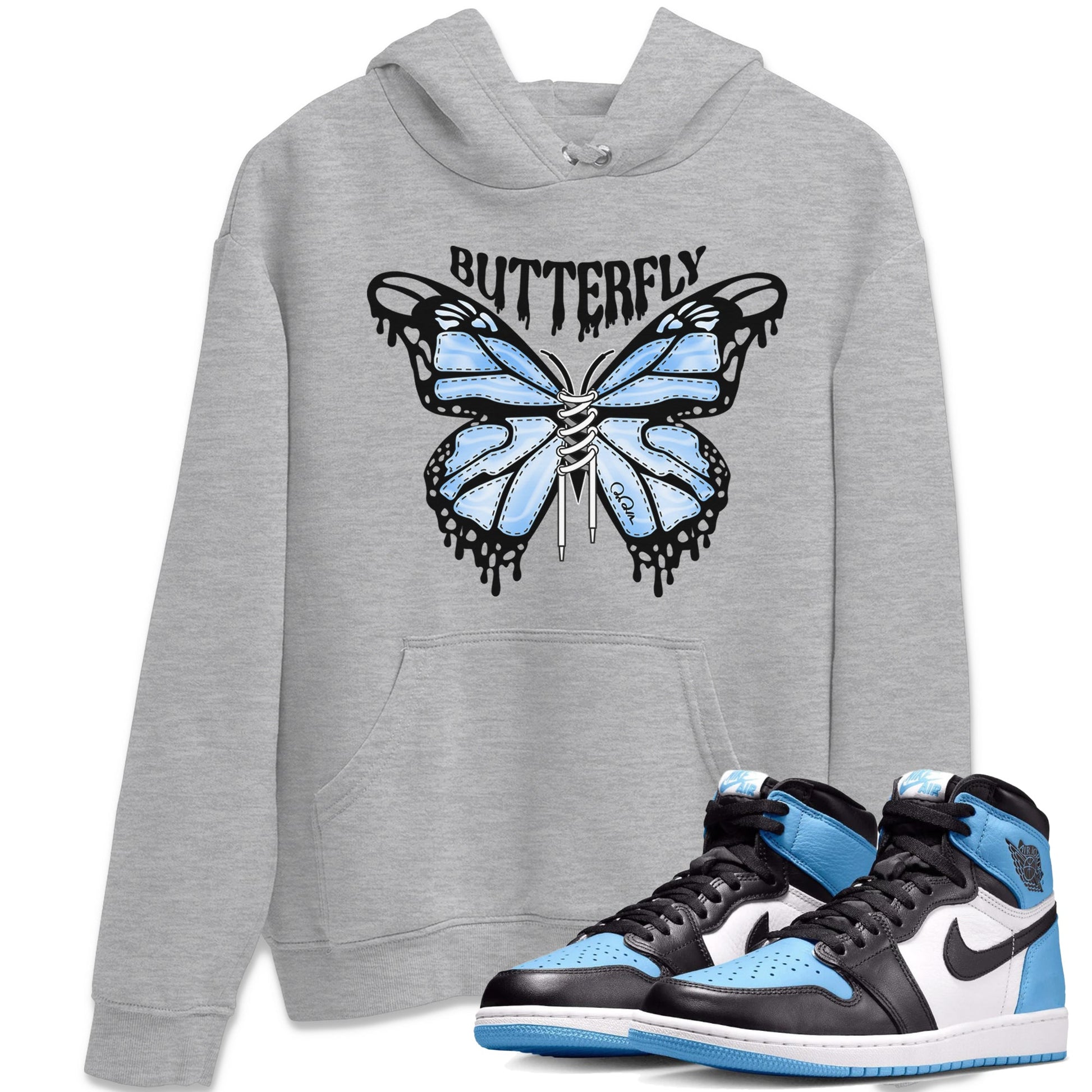 Air Jordan 1 Retro High OG UNC Toe Shirt to match Jordans Butterfly Sneaker Tees 1s UNC Toe SNRT Sneaker Release Tees Crew Neck T-Shirts Heather Grey 1