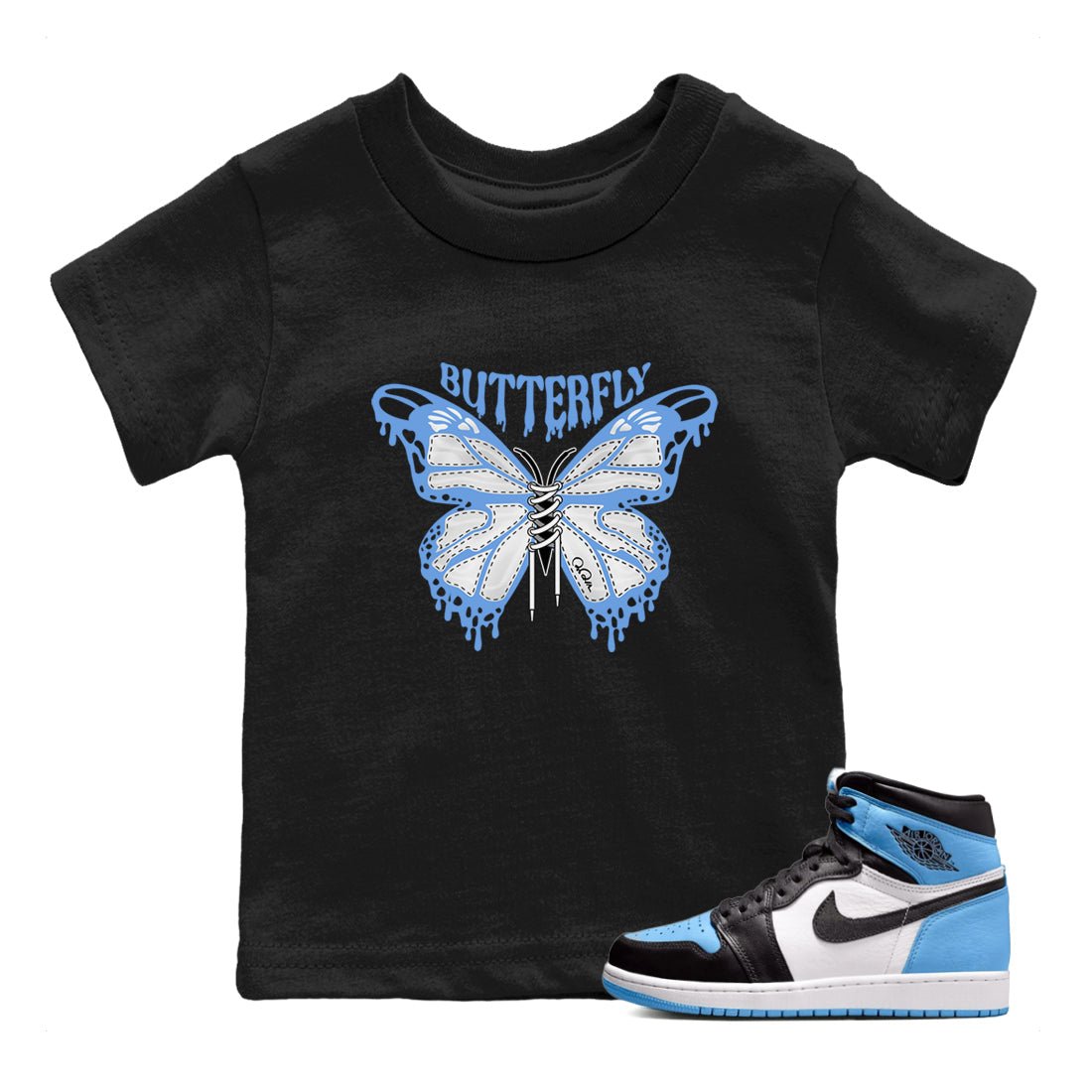 Air Jordan 1 Retro High OG UNC Toe Shirt to match Jordans Butterfly Sneaker Tees 1s UNC Toe SNRT Sneaker Release Tees Kids and Baby Tees Black 1
