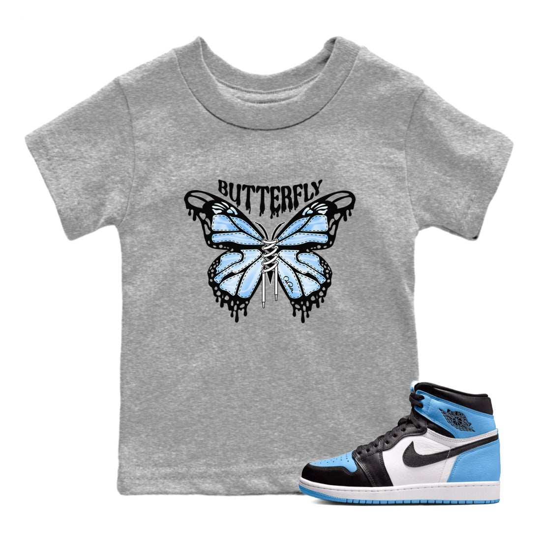 Air Jordan 1 Retro High OG UNC Toe Shirt to match Jordans Butterfly Sneaker Tees 1s UNC Toe SNRT Sneaker Release Tees Kids and Baby Tees Heather Grey 1