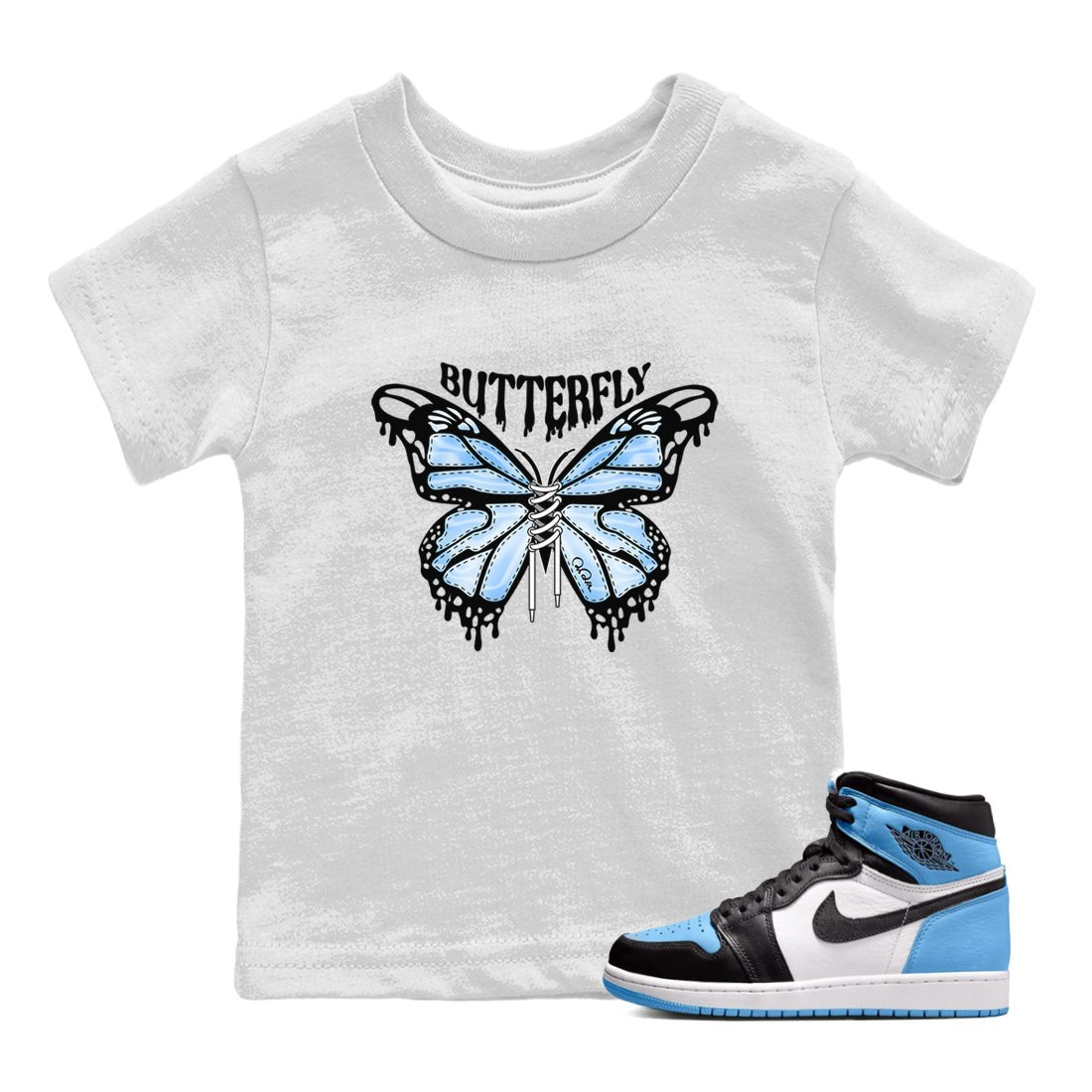 Air Jordan 1 Retro High OG UNC Toe Shirt to match Jordans Butterfly Sneaker Tees 1s UNC Toe SNRT Sneaker Release Tees Kids and Baby Tees White 1