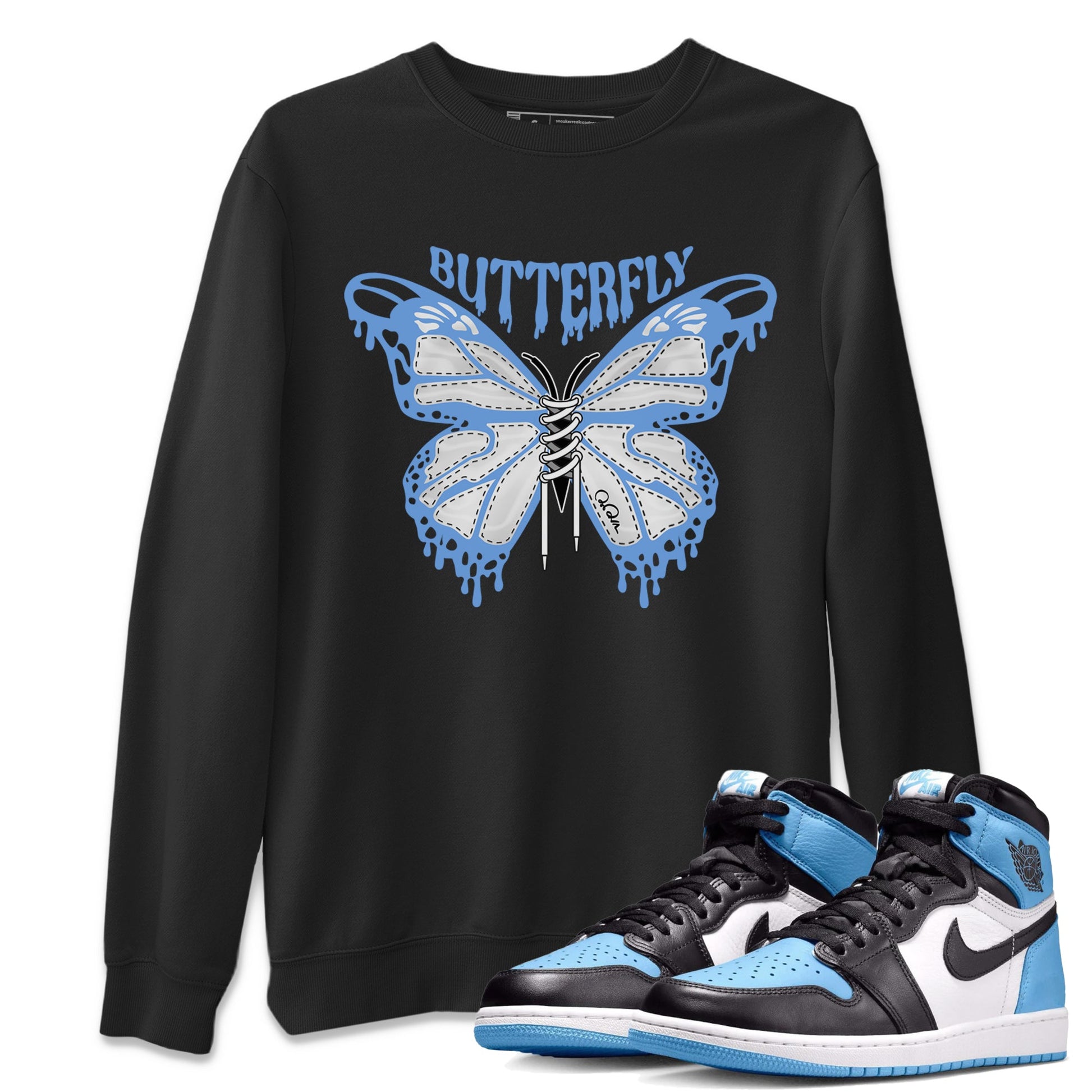 Air Jordan 1 Retro High OG UNC Toe Shirt to match Jordans Butterfly Sneaker Tees 1s UNC Toe SNRT Sneaker Release Tees Crew Neck T-Shirts Black 1