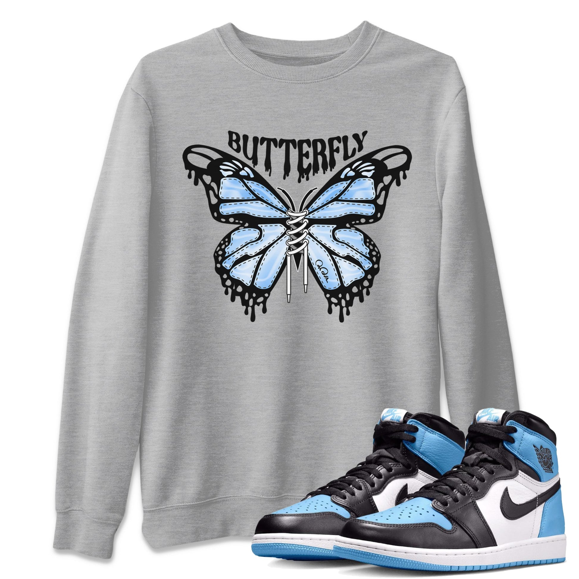 Air Jordan 1 Retro High OG UNC Toe Shirt to match Jordans Butterfly Sneaker Tees 1s UNC Toe SNRT Sneaker Release Tees Crew Neck T-Shirts Heather Grey 1