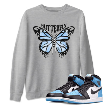 Air Jordan 1 Retro High OG UNC Toe Shirt to match Jordans Butterfly Sneaker Tees 1s UNC Toe SNRT Sneaker Release Tees Crew Neck T-Shirts Heather Grey 1