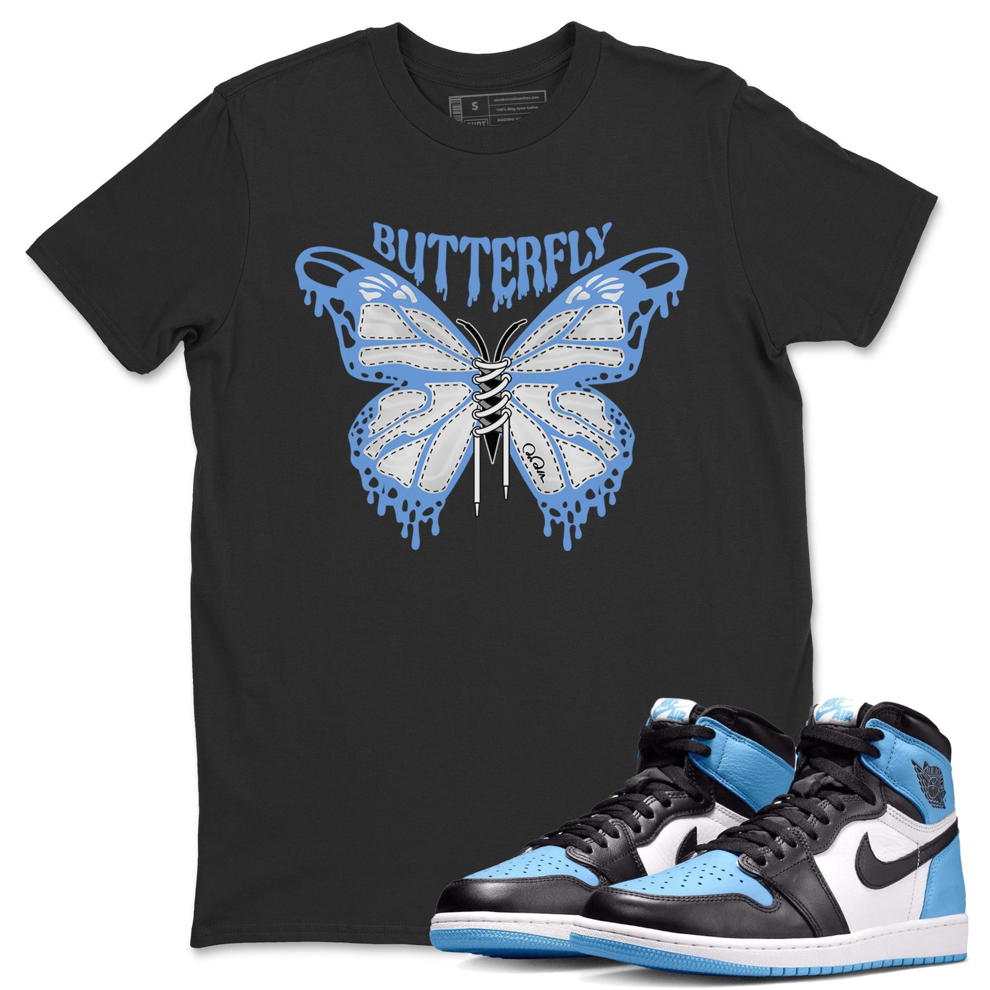Air Jordan 1 Retro High OG UNC Toe Shirt to match Jordans Butterfly Sneaker Tees 1s UNC Toe SNRT Sneaker Release Tees Crew Neck T-Shirts Black 1