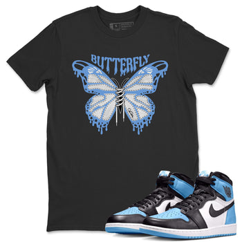 Air Jordan 1 Retro High OG UNC Toe Shirt to match Jordans Butterfly Sneaker Tees 1s UNC Toe SNRT Sneaker Release Tees Crew Neck T-Shirts Black 1