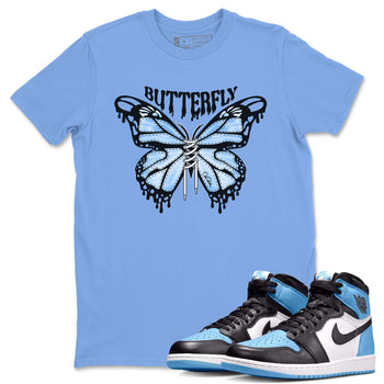 Air Jordan 1 Retro High OG UNC Toe Shirt to match Jordans Butterfly Sneaker Tees 1s UNC Toe SNRT Sneaker Release Tees Crew Neck T-Shirts Carolina Blue 1