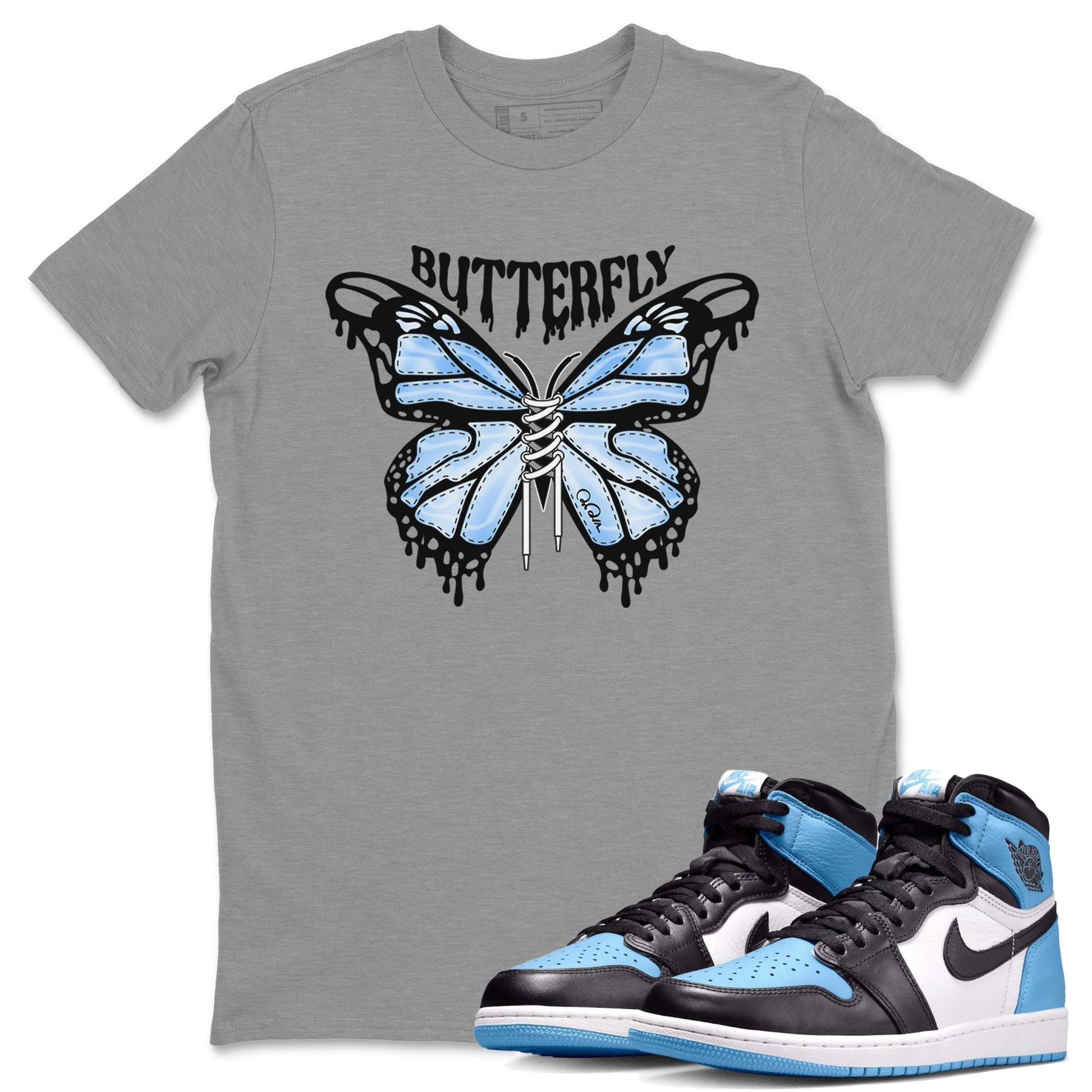 Air Jordan 1 Retro High OG UNC Toe Shirt to match Jordans Butterfly Sneaker Tees 1s UNC Toe SNRT Sneaker Release Tees Crew Neck T-Shirts Heather Grey 1