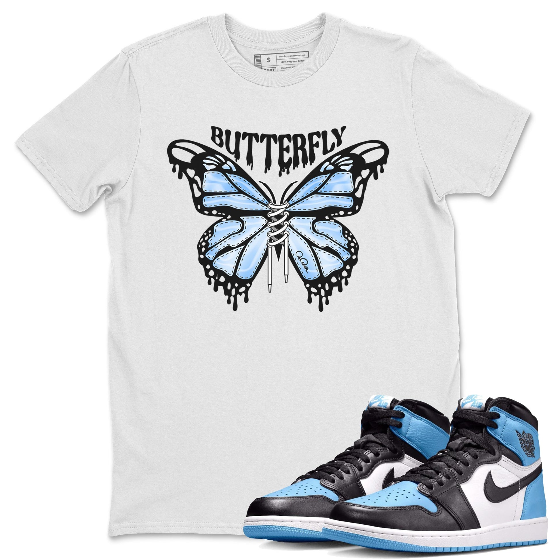 Air Jordan 1 Retro High OG UNC Toe Shirt to match Jordans Butterfly Sneaker Tees 1s UNC Toe SNRT Sneaker Release Tees Crew Neck T-Shirts White 1