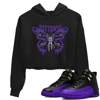 Air Jordan 12 Field Purple Sneaker Match Tees Butterfly Sneaker Tees AJJordan 12 Lakers Sneaker Release Tees Women's Shirts Black 1