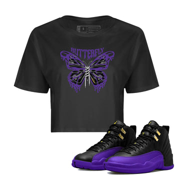 Air Jordan 12 Field Purple Sneaker Match Tees Butterfly Sneaker Tees AJJordan 12 Lakers Sneaker Release Tees Women's Shirts Black 1