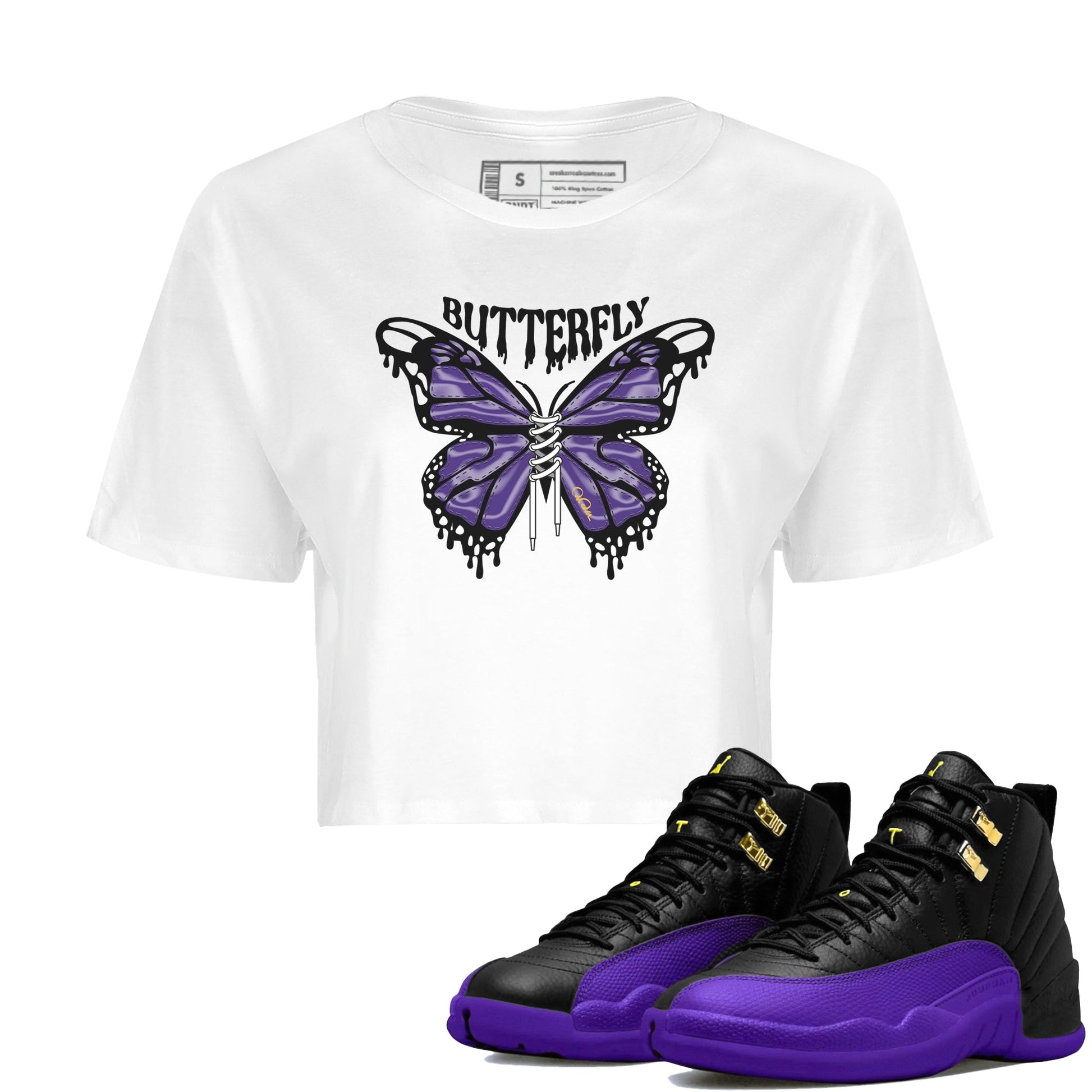 Air Jordan 12 Field Purple Sneaker Match Tees Butterfly Sneaker Tees AJJordan 12 Lakers Sneaker Release Tees Women's Shirts White 1