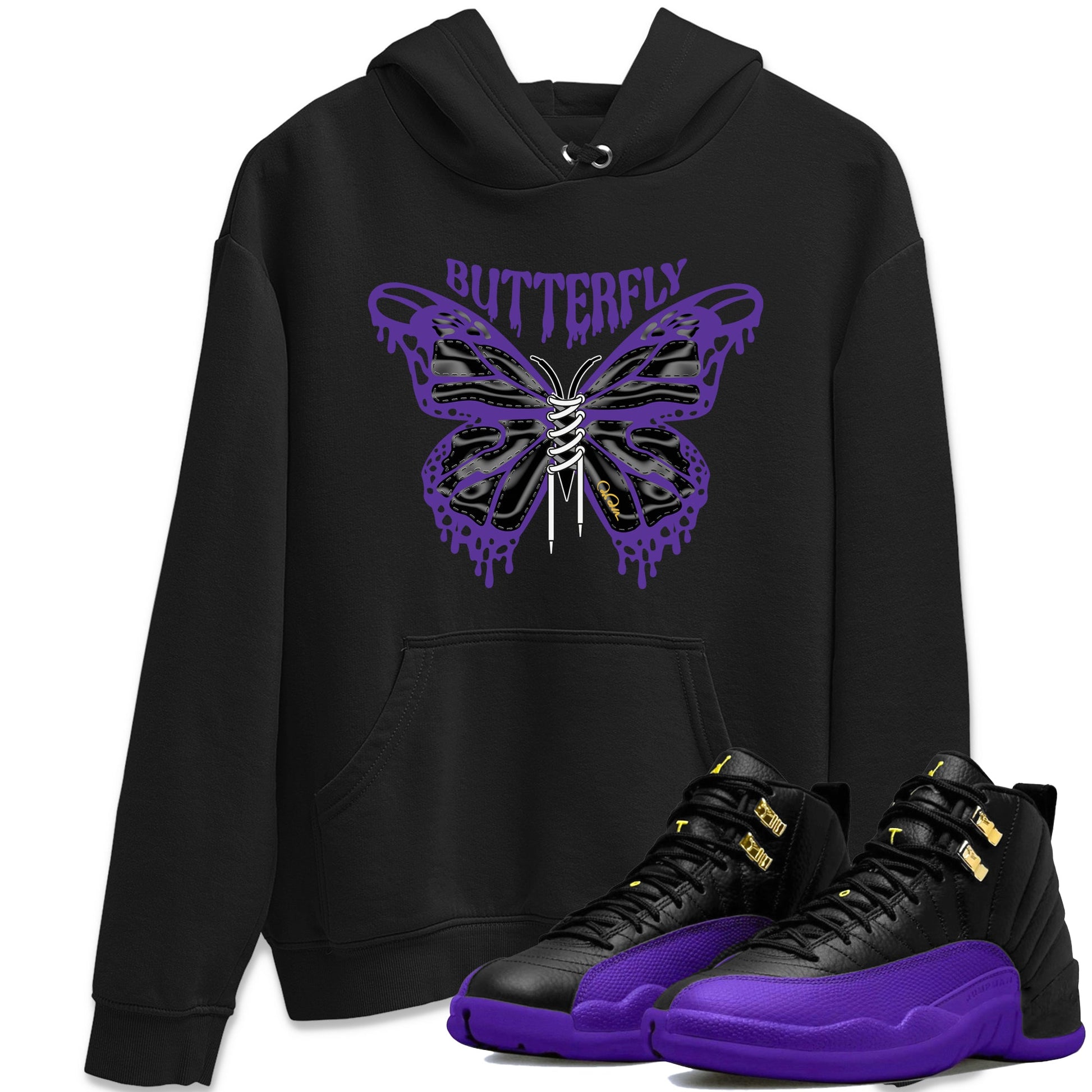 Air Jordan 12 Field Purple Sneaker Match Tees Butterfly Sneaker Tees AJJordan 12 Lakers Sneaker Release Tees Unisex Shirts Black 1