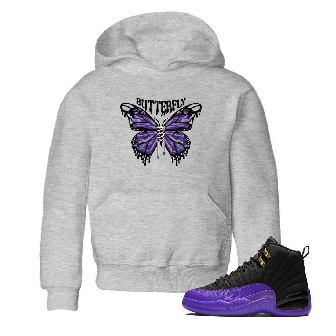 Air Jordan 12 Field Purple Sneaker Match Tees Butterfly Sneaker Tees AJJordan 12 Lakers Sneaker Release Tees Kids Shirts Heather Grey 1