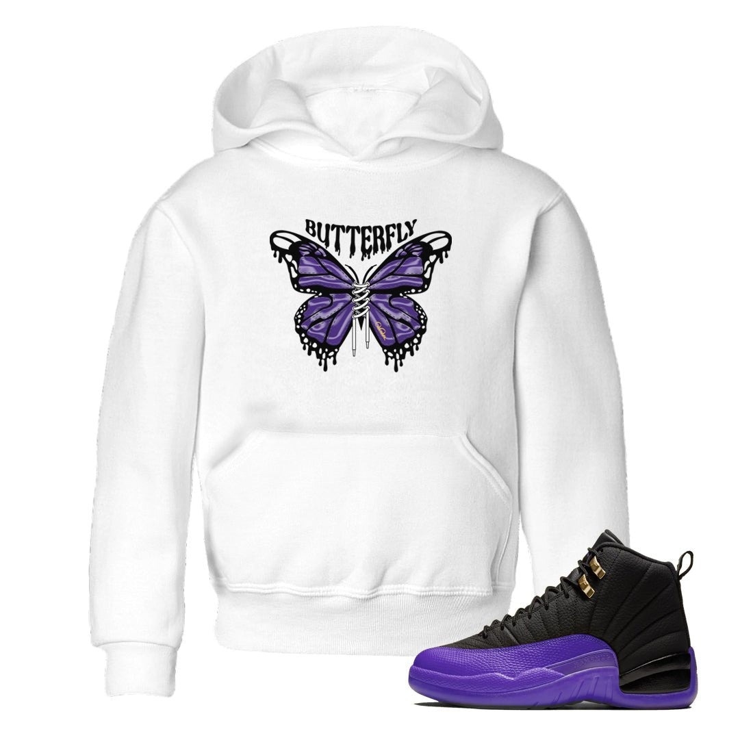 Air Jordan 12 Field Purple Sneaker Match Tees Butterfly Sneaker Tees AJJordan 12 Lakers Sneaker Release Tees Kids Shirts White 1