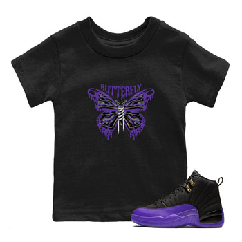 Air Jordan 12 Field Purple Sneaker Match Tees Butterfly Sneaker Tees AJJordan 12 Lakers Sneaker Release Tees Kids Shirts Black 1