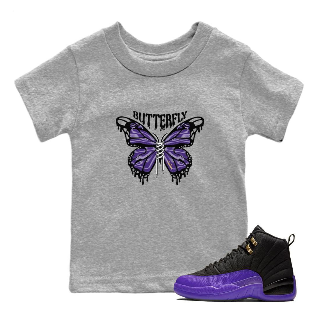 Air Jordan 12 Field Purple Sneaker Match Tees Butterfly Sneaker Tees AJJordan 12 Lakers Sneaker Release Tees Kids Shirts Heather Grey 1
