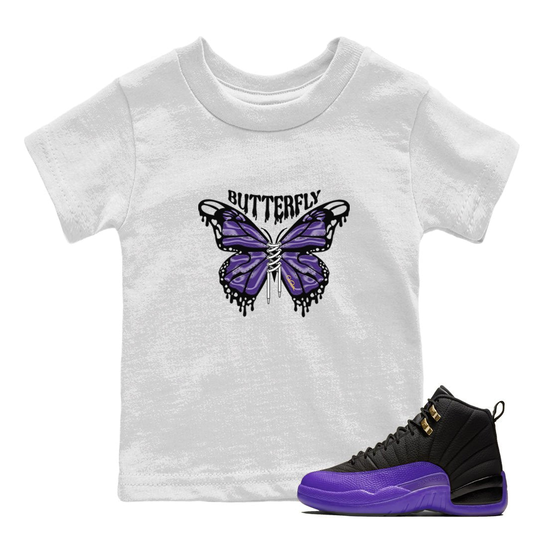 Air Jordan 12 Field Purple Sneaker Match Tees Butterfly Sneaker Tees AJJordan 12 Lakers Sneaker Release Tees Kids Shirts White 1