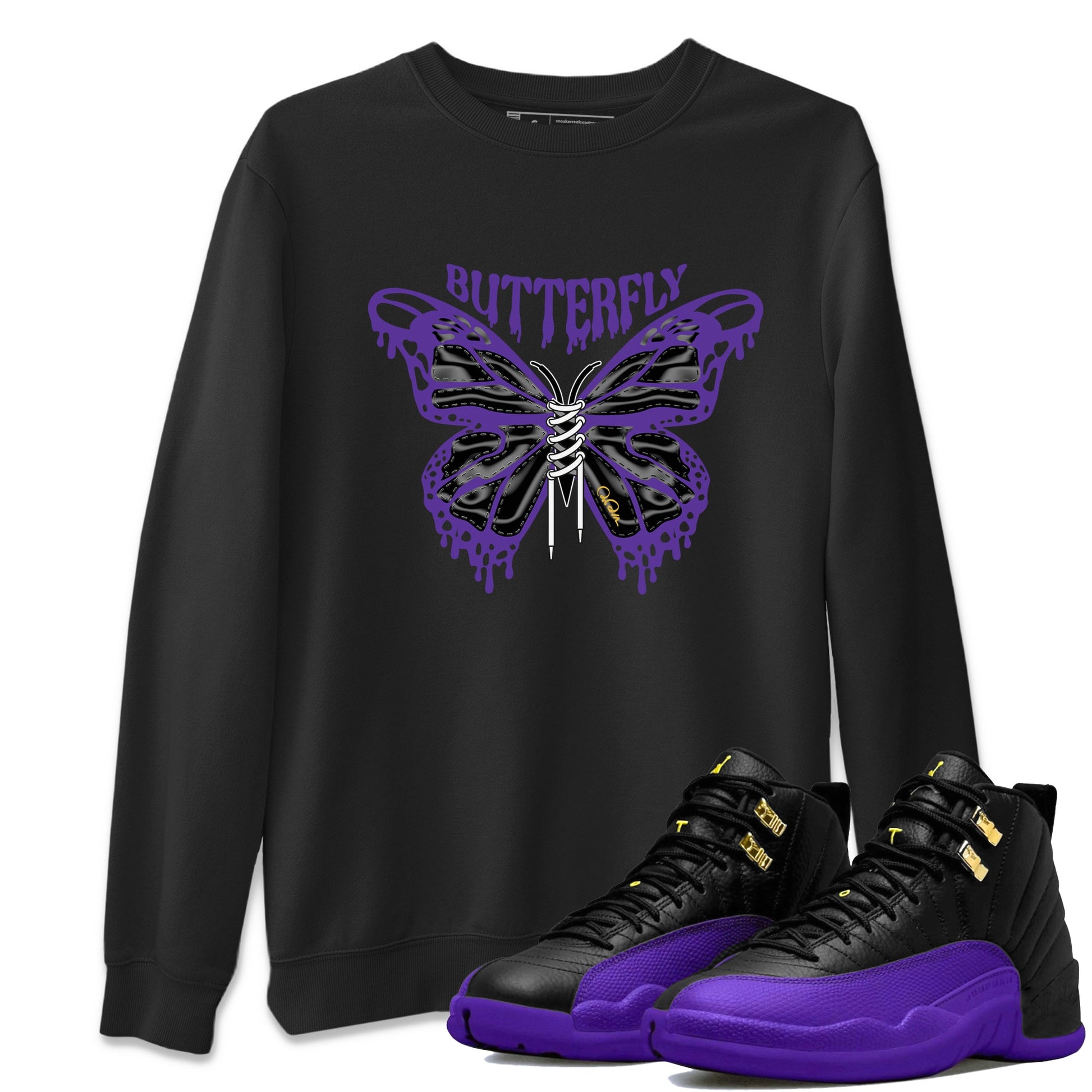 Air Jordan 12 Field Purple Sneaker Match Tees Butterfly Sneaker Tees AJJordan 12 Lakers Sneaker Release Tees Unisex Shirts Black 1