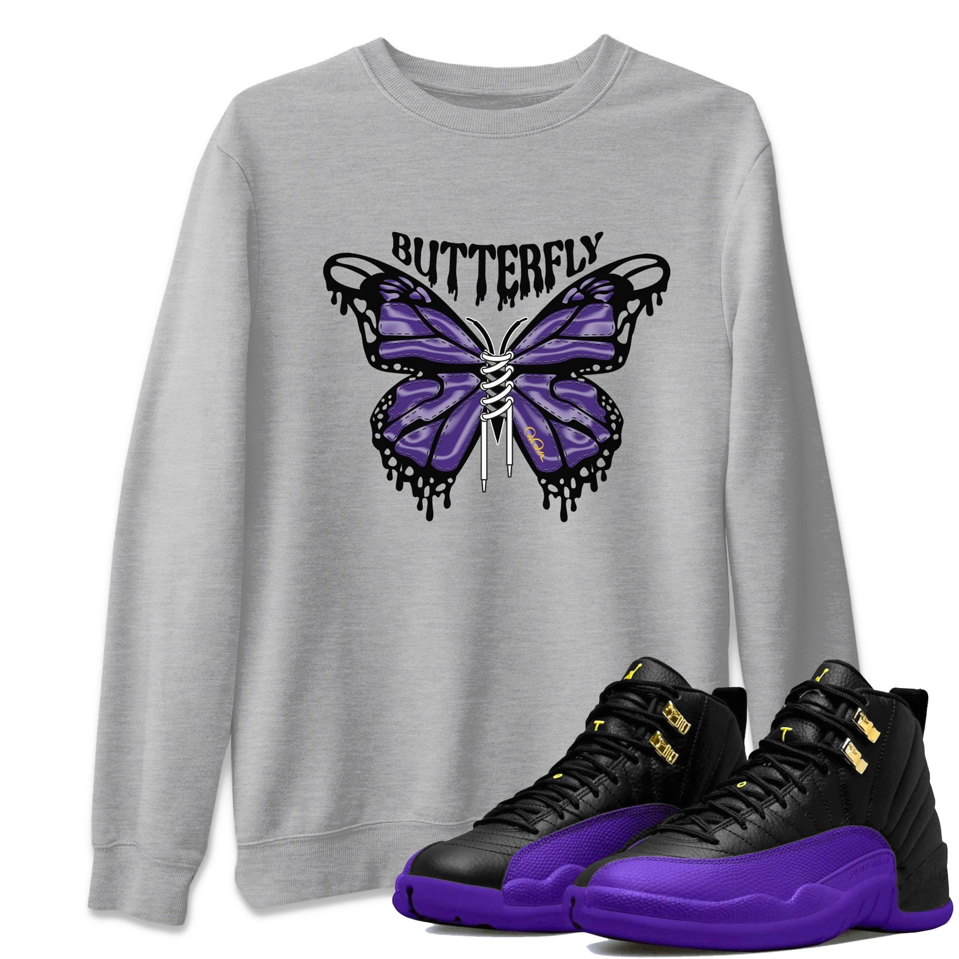 Air Jordan 12 Field Purple Sneaker Match Tees Butterfly Sneaker Tees AJJordan 12 Lakers Sneaker Release Tees Unisex Shirts Heather Grey 1