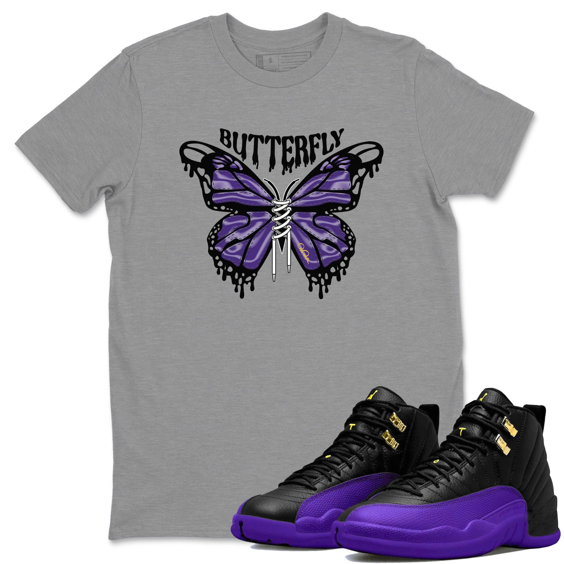 Air Jordan 12 Field Purple Sneaker Match Tees Butterfly Sneaker Tees AJJordan 12 Lakers Sneaker Release Tees Unisex Shirts Heather Grey 1