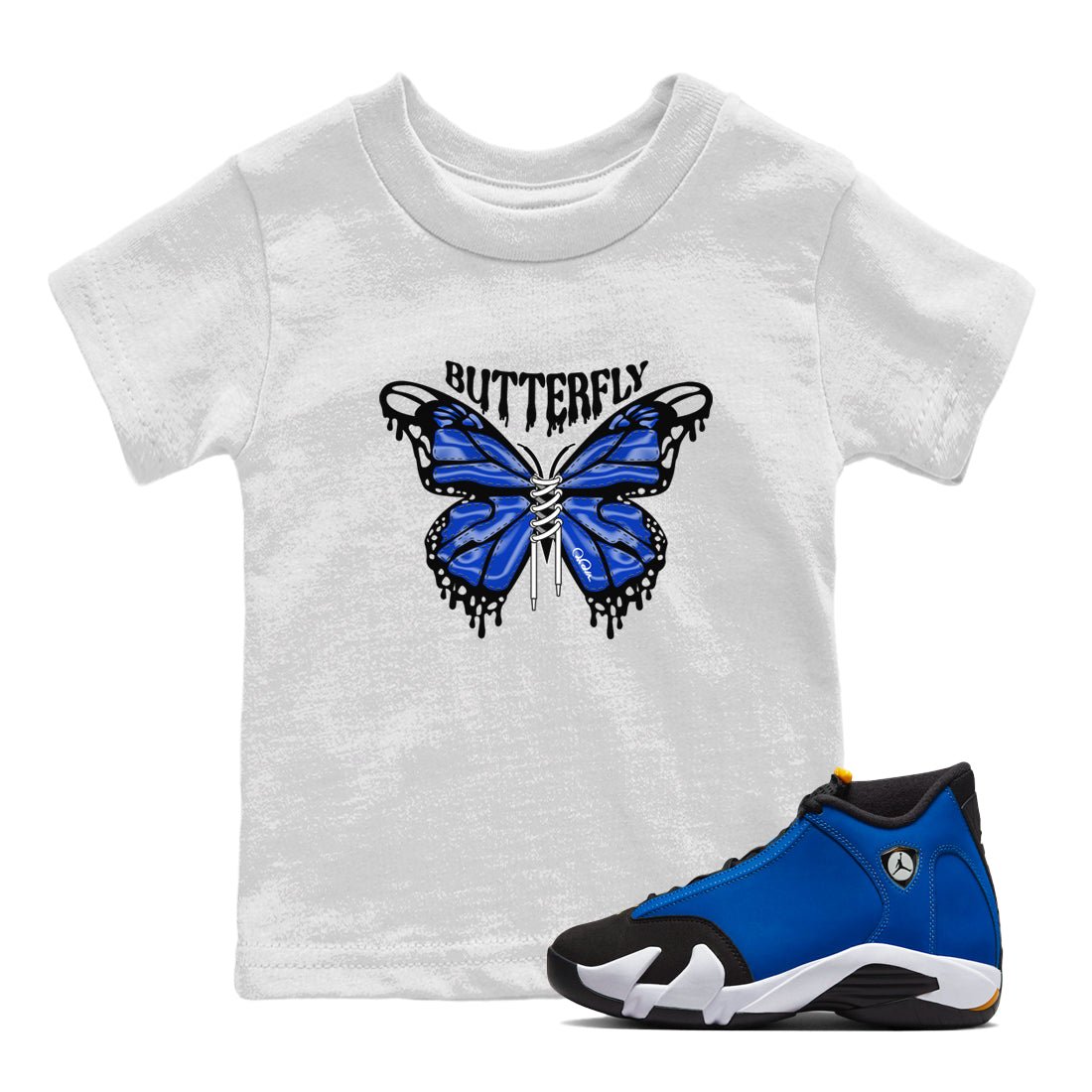 Air Jordan 14 Laney Sneaker Match Tees Butterfly Sneaker Tees AJ14 Laney Sneaker Release Tees Kids Shirts White 1