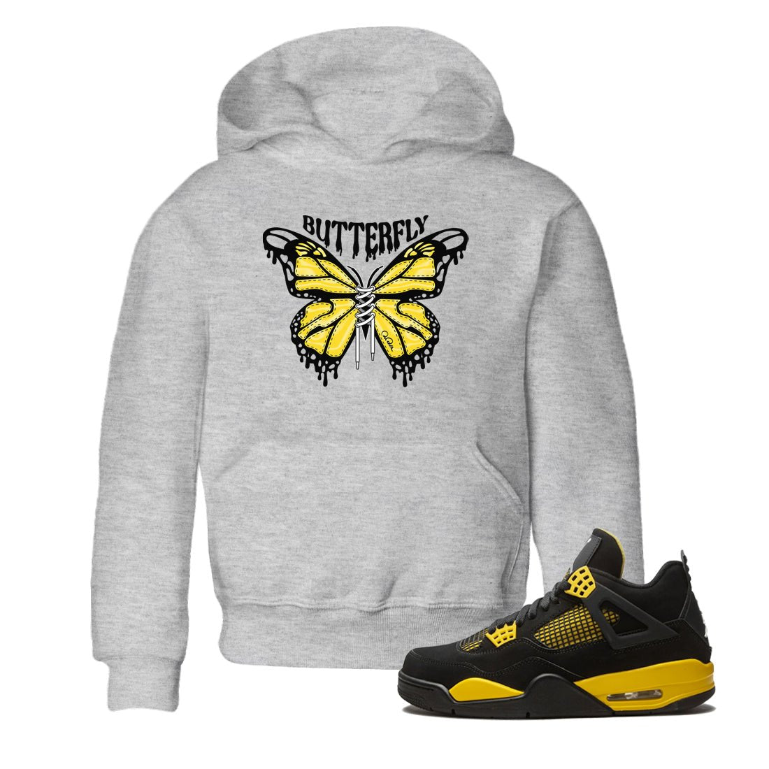 Air Jordan 4 Thunder Sneaker Match Tees Butterfly Sneaker Tees AJ4 Thunder Sneaker Release Tees Kids Shirts Heather Grey 1