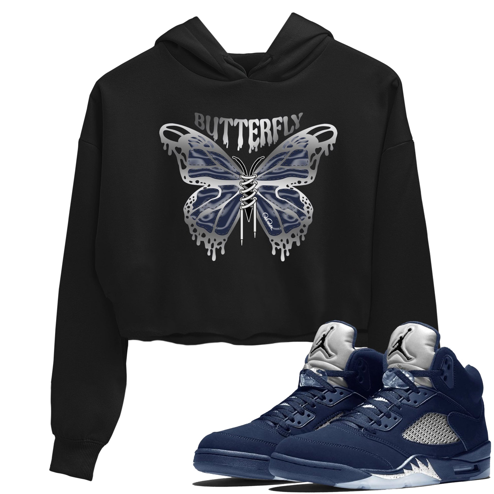 Air Jordan 5 Georgetown Sneaker Match Tees Butterfly Sneaker Tees AJ5 Georgetown Sneaker Release Tees Women's Shirts Black 1