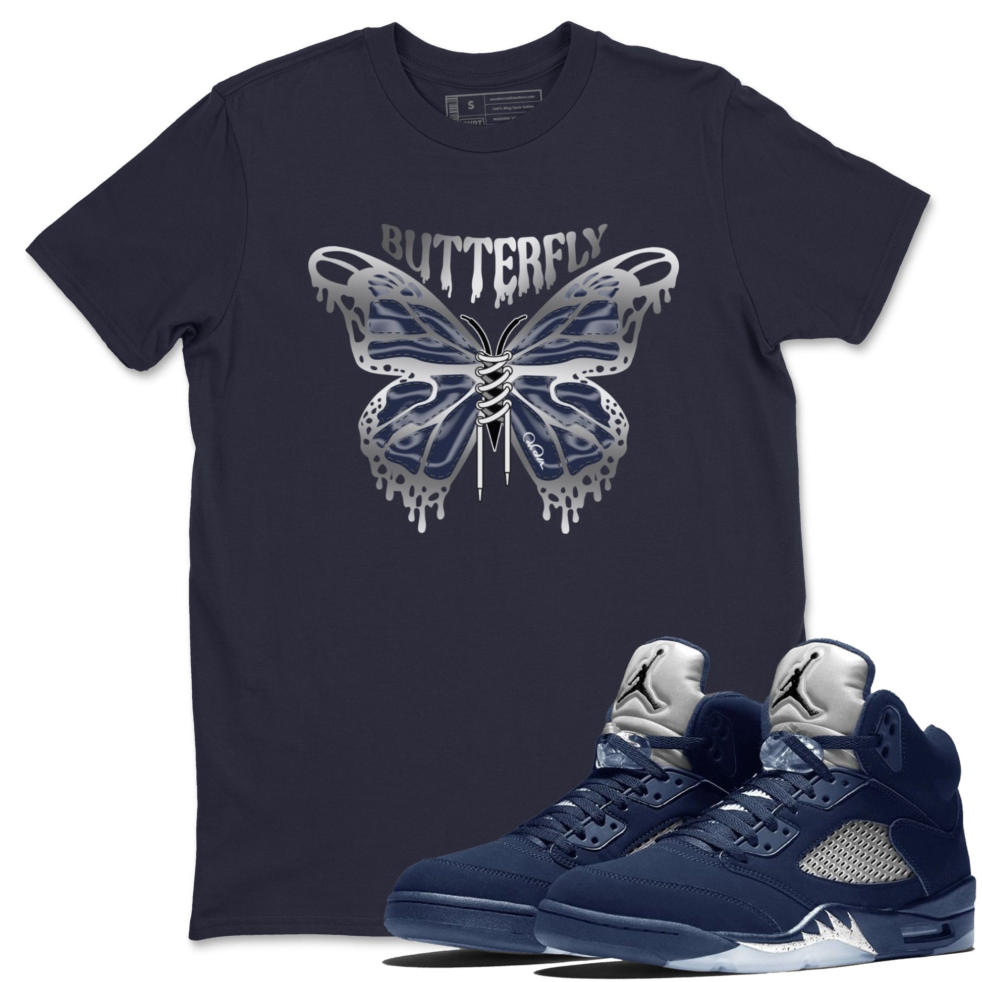 Air Jordan 5 Georgetown Sneaker Match Tees Butterfly Sneaker Tees AJ5 Georgetown Sneaker Release Tees Unisex Shirts Navy 1