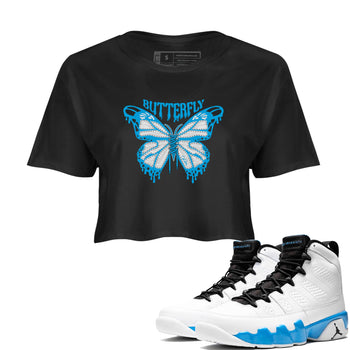 9s Powder Blue shirt to match jordans Butterfly sneaker tees Air Jordan 9 Powder Blue SNRT Sneaker Release Tees Black 1 crop length shirt