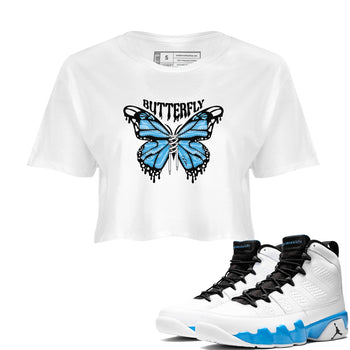 9s Powder Blue shirt to match jordans Butterfly sneaker tees Air Jordan 9 Powder Blue SNRT Sneaker Release Tees White 1 crop length shirt