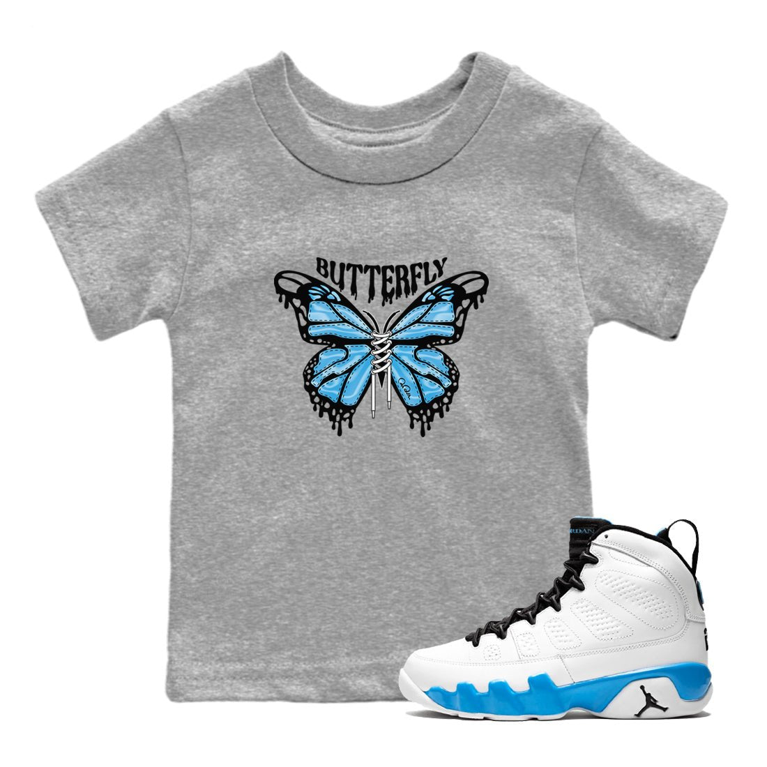 9s Powder Blue shirt to match jordans Butterfly sneaker tees Air Jordan 9 Powder Blue SNRT sneaker release tees baby toddler Heather Grey 1 cotton Shirt