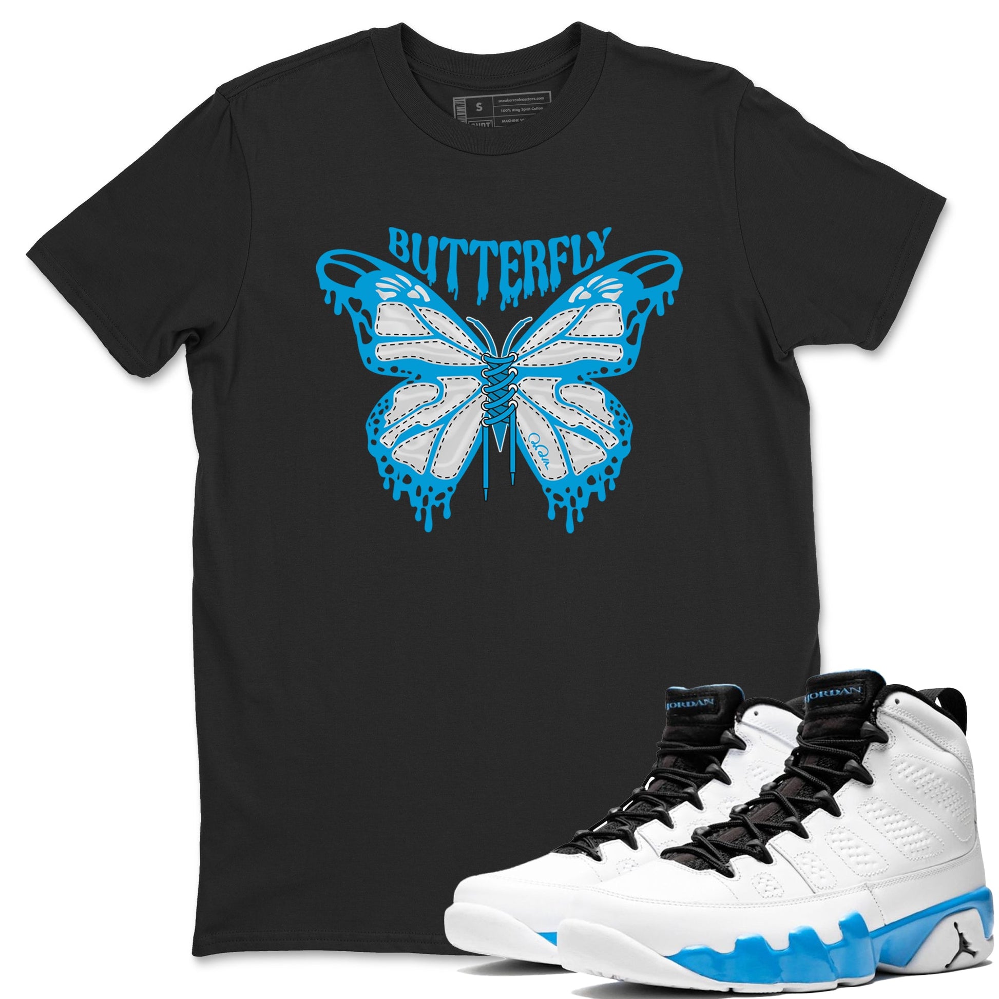 9s Powder Blue shirt to match jordans Butterfly sneaker tees Air Jordan 9 Powder Blue SNRT Sneaker Release Tees unisex cotton Black 1 crew neck shirt