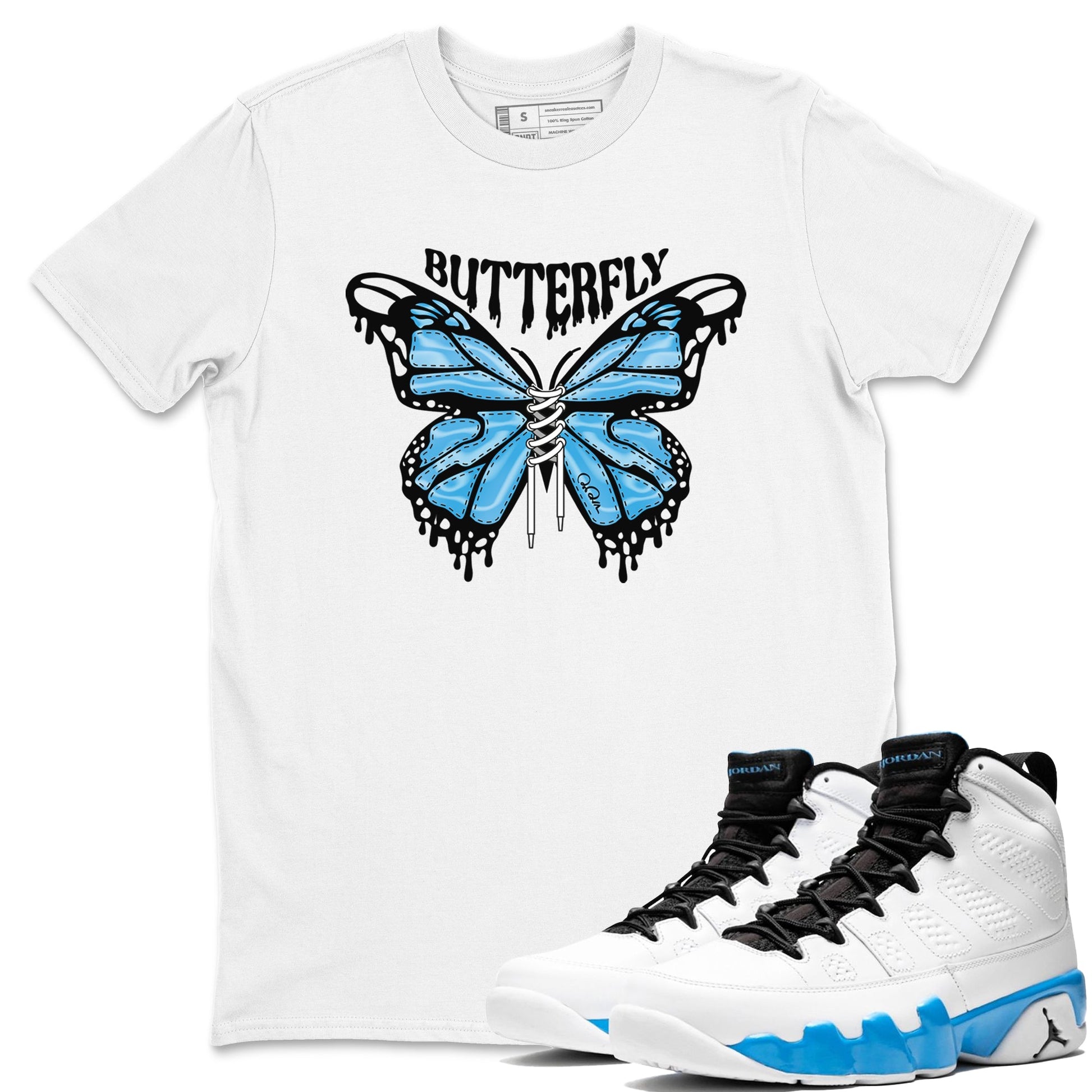 9s Powder Blue shirt to match jordans Butterfly sneaker tees Air Jordan 9 Powder Blue SNRT Sneaker Release Tees unisex cotton White 1 crew neck shirt