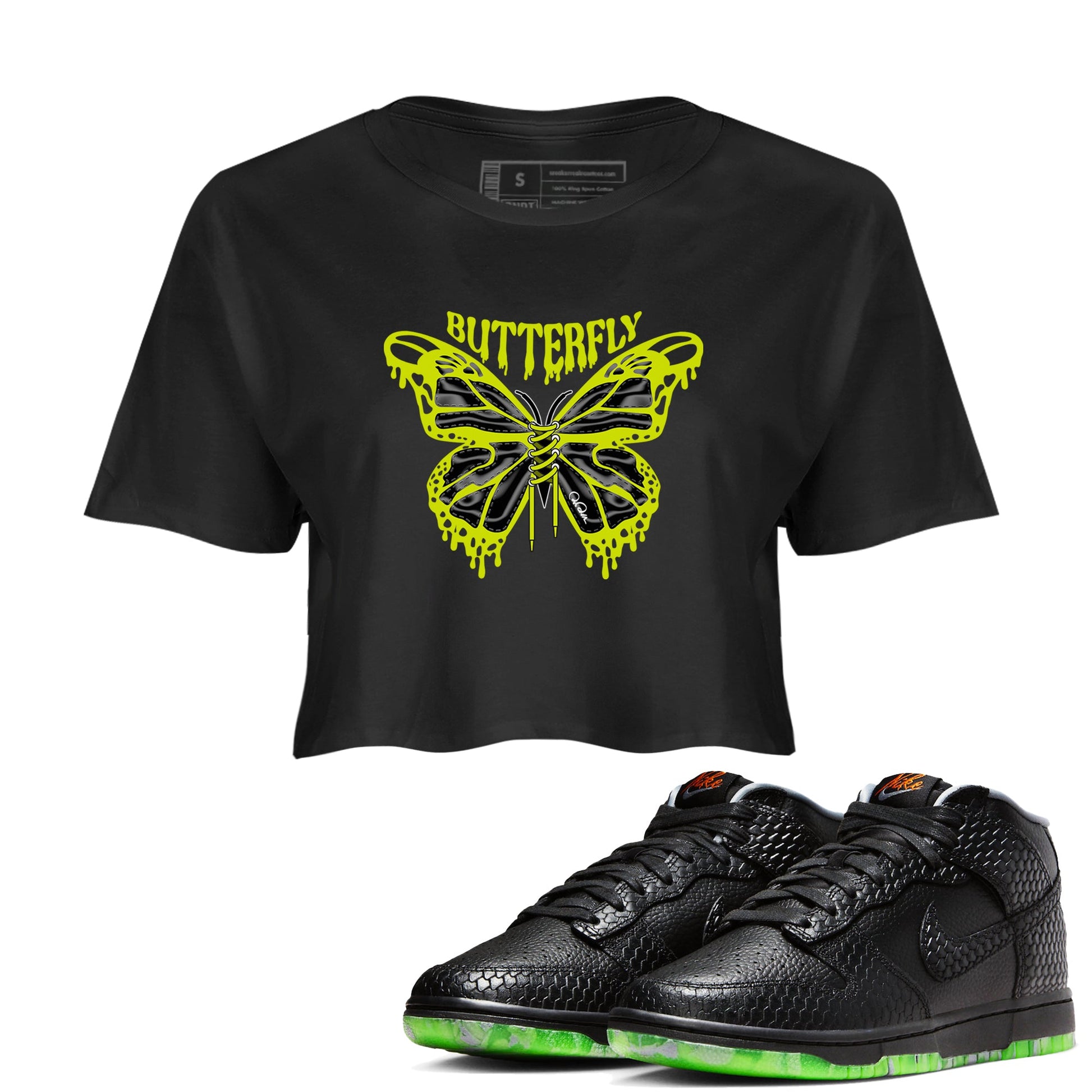 Dunk Mid Premium shirt to match jordans Butterfly sneaker tees halloween horror nights Nike Dunk Halloween SNRT Sneaker Release Tees Black 1 Crop T-Shirt