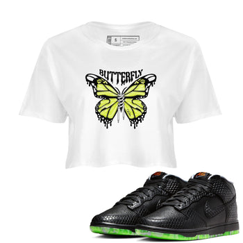 Dunk Mid Premium shirt to match jordans Butterfly sneaker tees halloween horror nights Nike Dunk Halloween SNRT Sneaker Release Tees White 1 Crop T-Shirt