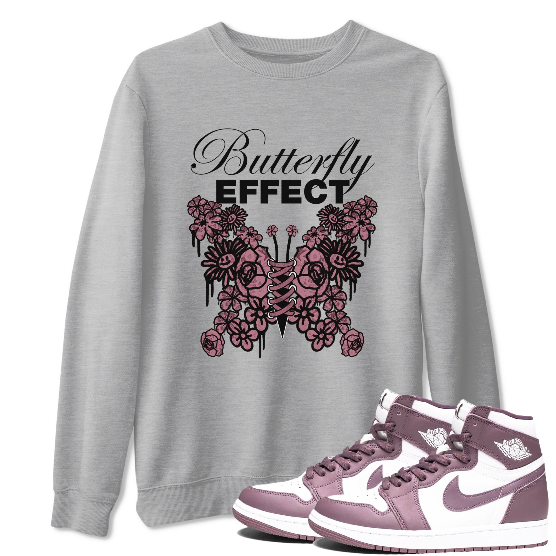 Air Jordan 1 Mauve shirt to match jordans Butterfly Effect sneaker tees AJ1 Mauve SNRT Sneaker Release Tees Unisex Heather Grey 1 T-Shirt