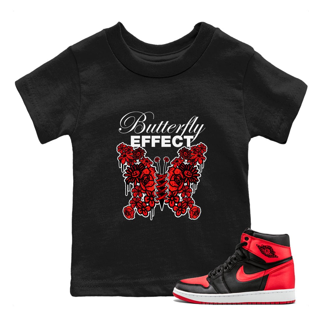 Air Jordan 1 Satin Bred shirt to match jordans Butterfly Effect sneaker tees AJ1 Satin Bred SNRT Sneaker Release Tees Baby Toddler Black 1 T-Shirt