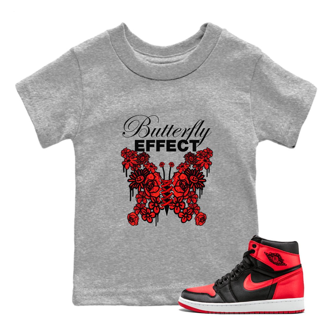 Air Jordan 1 Satin Bred shirt to match jordans Butterfly Effect sneaker tees AJ1 Satin Bred SNRT Sneaker Release Tees Baby Toddler Heather Grey 1 T-Shirt