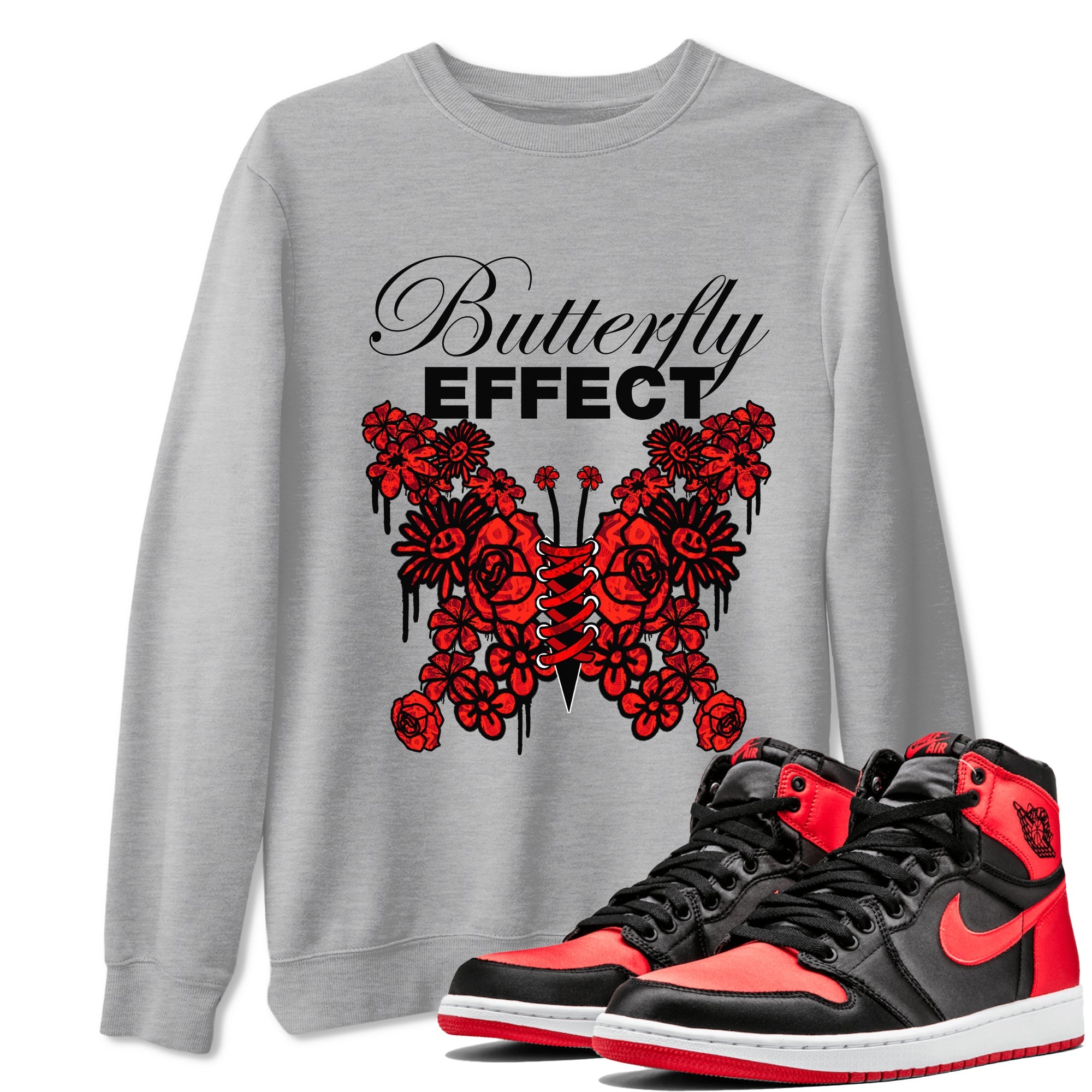 Air Jordan 1 Satin Bred shirt to match jordans Butterfly Effect sneaker tees AJ1 Satin Bred SNRT Sneaker Release Tees Unisex Heather Grey 1 T-Shirt