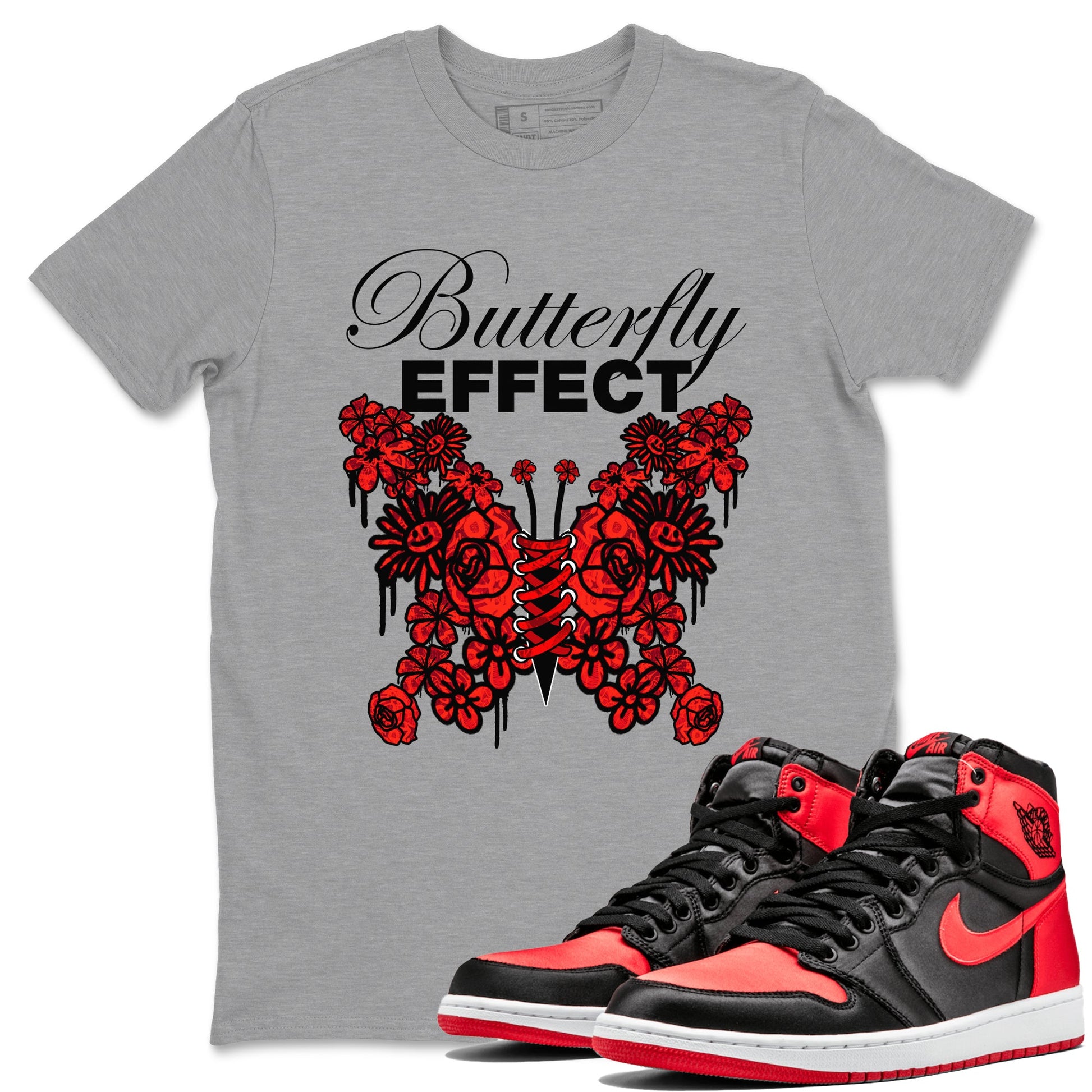 Air Jordan 1 Satin Bred shirt to match jordans Butterfly Effect sneaker tees AJ1 Satin Bred SNRT Sneaker Release Tees Unisex Heather Grey 1 T-Shirt